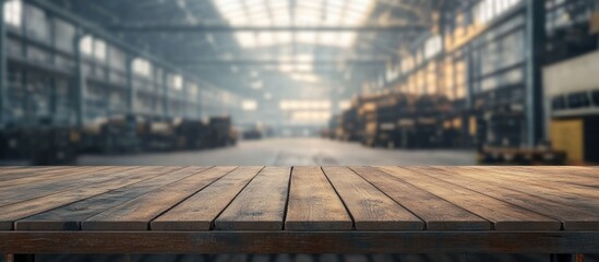 Poster - Wooden table surface in an industrial warehouse with blurred background and copy space for text placement