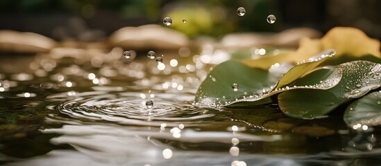 Poster - Water droplets splashing on surface of pond with lily pads and bokeh background natural light Copy Space