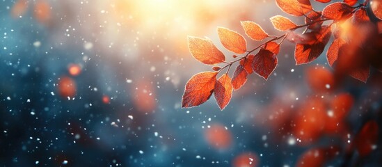 Poster - Autumn leaves covered in snow with blurred background and soft glowing light creating a tranquil seasonal atmosphere Copy Space