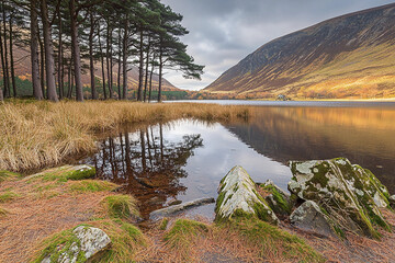 Wall Mural - Sunrise over tranquil lake surrounded by mountains