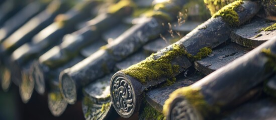 Poster - Moss covered traditional roof tiles with intricate designs in soft natural light showcasing texture and detail Copy Space