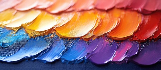 Poster - Colorful paint strokes in vibrant hues of yellow, orange, red, blue, and purple on textured canvas background Copy Space