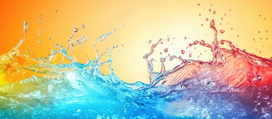 Poster - Colorful water splash with vibrant blue and orange background creating dynamic motion and energy with copy space for text.
