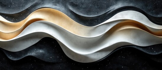 Fototapete - Abstract wavy lines in gold, white, and black textures with a dark background and starry pattern suitable for modern design projects Copy Space