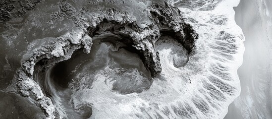 Poster - Aerial view of abstract ocean waves crashing against rocky shoreline in black and white tones with detailed textures and patterns Copy Space