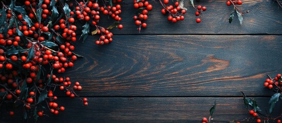 Poster - Red berries and green leaves on dark wooden background with ample copy space for text or graphics