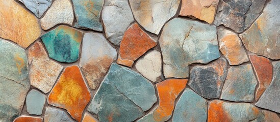 Poster - Multicolored natural stone wall texture with varying shapes and sizes of stones arranged in a patchwork design Copy Space