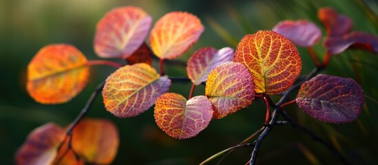 Poster - Colorful autumn leaves with intricate patterns and textures against a soft blurred background natural light Copy Space