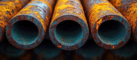 Poster - Close-up of rusty metal pipes with blue and orange rust patterns arranged in a row on a dark surface with Copy Space.