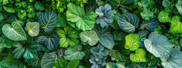 Poster - Variety of lush green leaves in different shapes and textures arranged densely, ideal for backgrounds or nature-themed designs Copy Space