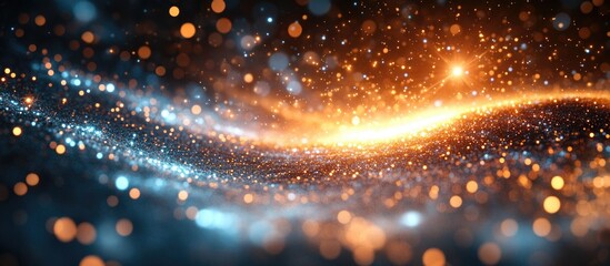 Fototapete - Abstract glowing particles and bokeh effect with vibrant blue and orange colors on a dark background Copy Space