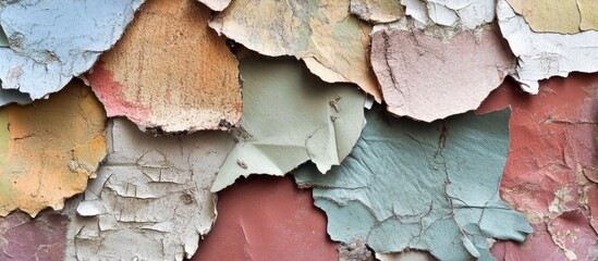 Poster - Multicolored flaking paint texture with layers of aged and distressed surfaces suitable for backgrounds and design elements