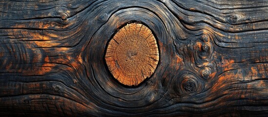 Poster - Textured wooden surface with a circular knot and grained patterns in varying shades of brown and black Copy Space