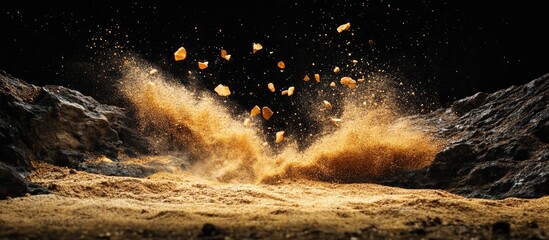 Poster - Explosion of golden dust and rocks against a dark background with dynamic motion capture and Copy Space for text placement.