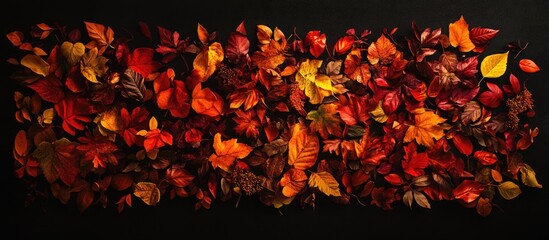 Poster - Colorful autumn leaves arrangement on a dark background with varied shapes and sizes Copy Space