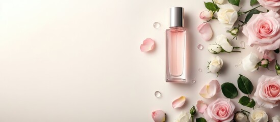 Poster - Perfume bottle surrounded by fresh pink and white roses with petals on a light background and ample Copy Space for text addition