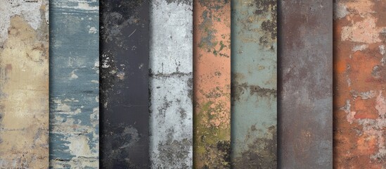 Poster - Collection of weathered and textured metallic surfaces in various colors and patinas arranged in a symmetrical layout with Copy Space