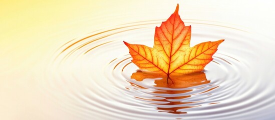 Poster - Autumn maple leaf floating on water surface with concentric ripples and soft light background Copy Space