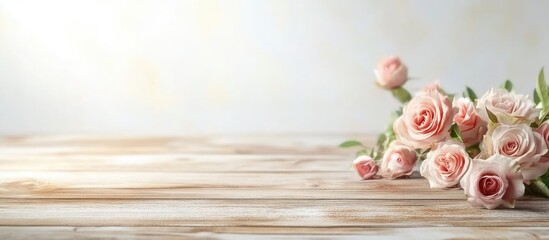 Poster - Bouquet of delicate pink roses on rustic wooden table with soft blurred background and ample copy space for text placement