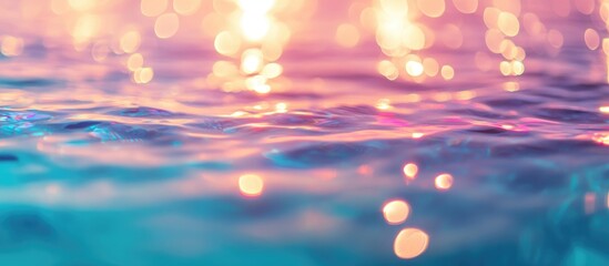 Poster - Abstract bokeh effect on water surface with soft blue and purple tones and light reflections Copy Space