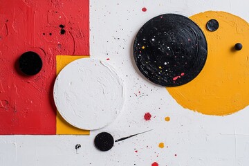 Poster - Bright red, yellow, and black shapes interact in a lively arrangement, forming a striking background that accentuates a central area suitable for text