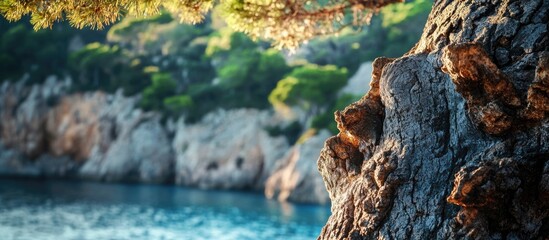 Poster - Coastal landscape featuring a close-up of textured tree bark with blurred turquoise water and rocky shoreline in background Copy Space