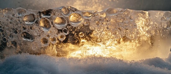 Poster - Ice with bubbles illuminated by sunlight on a snowy surface creating an abstract natural composition Copy Space