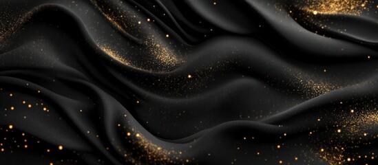 Poster - Black satin fabric with golden glitter particles creating textured drapery and waves suitable for textile and background designs Copy Space
