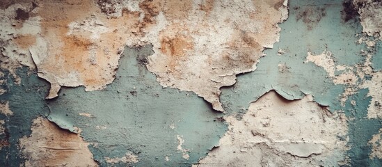 Poster - Textured peeling paint on a weathered wall with shades of blue and orange featuring interesting patterns and Copy Space for text placement