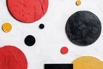 Poster - Vibrant circles and squares in red, black, and yellow boldly frame a large central area perfect for adding text, enhancing visual appeal and creativity