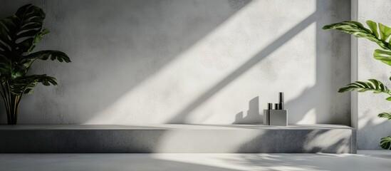 Wall Mural - Minimalist interior with potted plants on a concrete shelf illuminated by natural light and shadows copy space