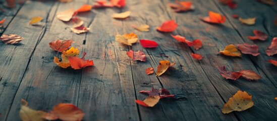 Poster - Autumn leaves scattered on wooden surface with warm colors and textures Copy Space
