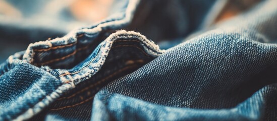 Poster - Close-up of folded denim fabric showing texture and stitching details Copy Space