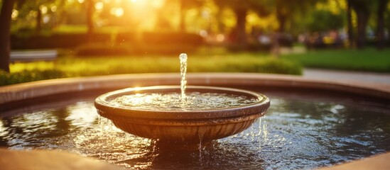 Poster - Fountain in park during sunset with water flowing, lush greenery surrounding, reflective water surface, tranquil atmosphere, Copy Space