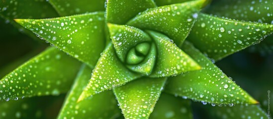 Poster - Close-up of green succulent plant with water droplets on leaves and spiral pattern in natural light Copy Space