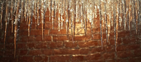 Poster - Icicles Hanging from a Roof with Exposed Brick Background and Warm Light Effects Copy Space