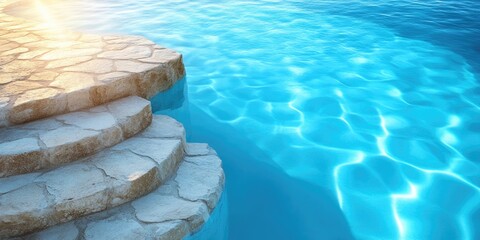Poster - Stone steps leading into clear blue swimming pool water with sunlight reflections and gentle wave patterns. Copy Space.