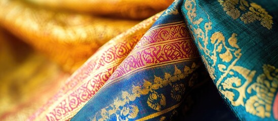 Poster - Colorful textured fabric with intricate patterns in golden, blue, orange, and red hues showcasing luxury textile design Copy Space