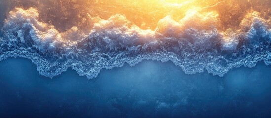 Poster - Aerial view of ocean waves crashing against shore during sunset with vibrant colors and texture in the water Copy Space