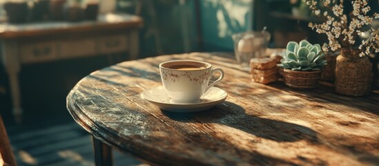 Poster - Coffee cup on rustic wooden table with sunlight casting shadows and decorative plants in a cozy indoor setting Copy Space