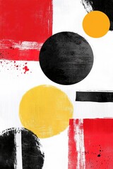 Poster - this artwork features a combination of bold circles and squares in vibrant red, black, and yellow hu