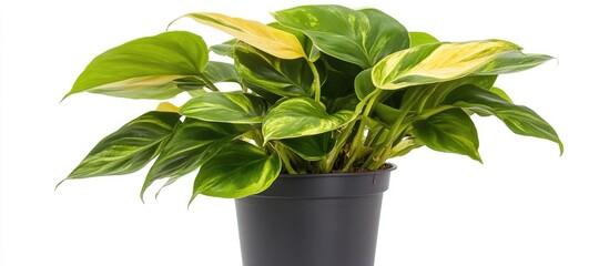 Poster - Potted pothos plant with variegated leaves in black container isolated on white background Copy Space