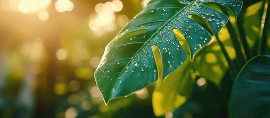 Poster - Close-up of Monstera leaves with water droplets illuminated by sunlight in a natural setting suitable for backgrounds Copy Space