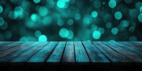 Fototapete - Wooden table surface with teal bokeh background and copy space for text placement