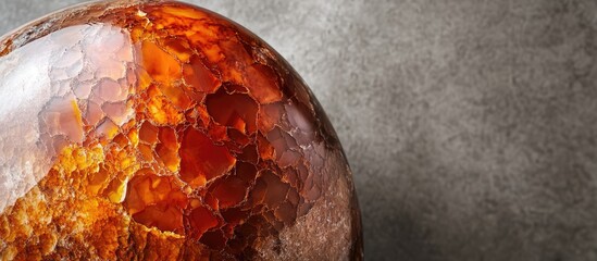 Poster - Amber gemstone close-up on textured surface showcasing natural patterns and colors with copy space for text placement