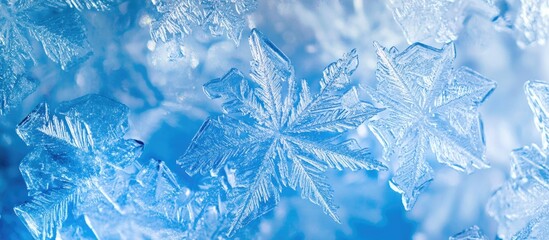 Poster - Close-up of intricate ice crystals and snowflakes on a blue background with natural light reflections Copy Space