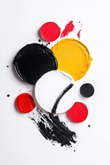 Poster - dynamic composition features bold circles and squares in red, black, and yellow, combined with abstr