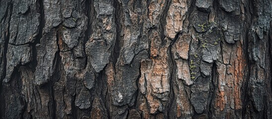 Poster - Detailed close-up of textured tree bark showing rough surface patterns and natural colors with green moss, ideal for nature backgrounds, Copy Space