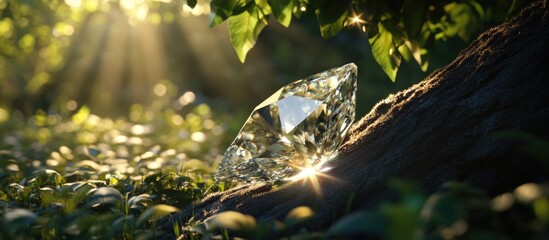 Poster - Diamond resting on mossy ground illuminated by sunlight filtering through trees with vibrant foliage and sparkling reflections. Copy Space