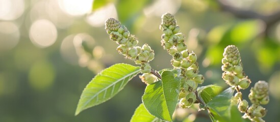 Poster - Close-up of green plant buds and leaves in soft natural light with blurred background and copy space for text